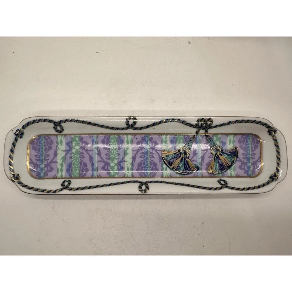 Neiman‎ Marcus Porcelain Vanity Tray Purple Floral Tassel Desk Set Japan